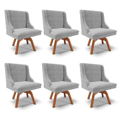 Kit 6 Cadeiras Decorativas Sala De Jantar Base Giratória De Madeira Firenze Suede Cinza/natural G19 - Gran Belo