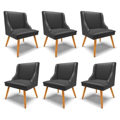 Kit 6 Cadeiras Decorativas Sala De Jantar Pés Palito De Madeira Firenze Pu Preto Fosco/natural G19