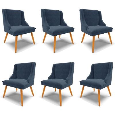 Kit 6 Cadeiras Decorativas Sala De Jantar Pés Palito De Madeira Firenze Suede Azul Marinho/natural G19 - Gran Belo
