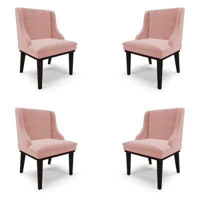 Kit 4 Cadeiras Decorativas Sala De Jantar Base Fixa De Madeira Firenze Veludo Rosê/preto G19