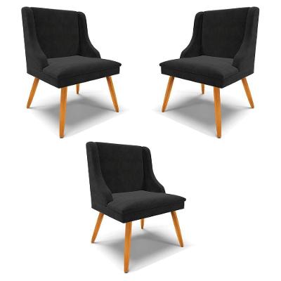 Kit 3 Cadeiras Decorativas Sala De Jantar Pés Palito De Madeira Firenze Suede Preto/natural G19