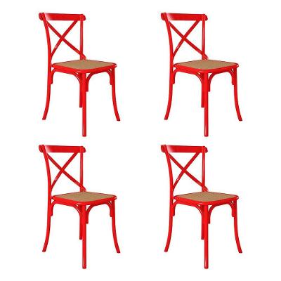 Kit 4 Cadeiras Jantar Vermelha Assento Bege Aço Vermelho