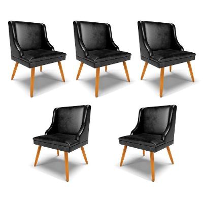 Kit 5 Cadeiras Decorativas Sala De Jantar Pés Palito De Madeira Firenze Pu Preto Brilho/natural G19