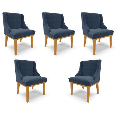 Kit 5 Cadeiras Decorativas Sala De Jantar Base Fixa De Madeira Firenze Suede Azul Marinho/castanho