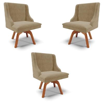 Kit 3 Cadeiras Decorativas Sala De Jantar Base Giratória De Madeira Firenze Suede Nude/natural G19 - Gran Belo