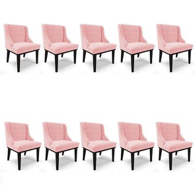 Kit 10 Cadeiras Estofadas Para Sala De Jantar Base Fixa De Madeira Preto Lia Suede Rosa Bebê - Ibiza