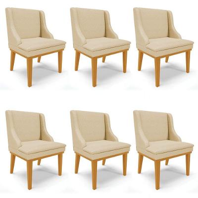 Kit 6 Cadeiras Estofadas Para Sala De Jantar Base Fixa De Madeira Castanho Lia Veludo Off White
