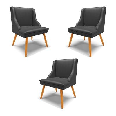Kit 3 Cadeiras Decorativas Sala De Jantar Pés Palito De Madeira Pu Preto Fosco/natural
