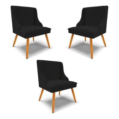 Kit 3 Cadeiras Decorativas Sala De Jantar Pés Palito De Madeira Linho Preto/natural