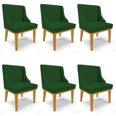 Kit 6 Cadeiras Estofadas Para Sala De Jantar Base Fixa De Madeira Castanho Lia Veludo Verde