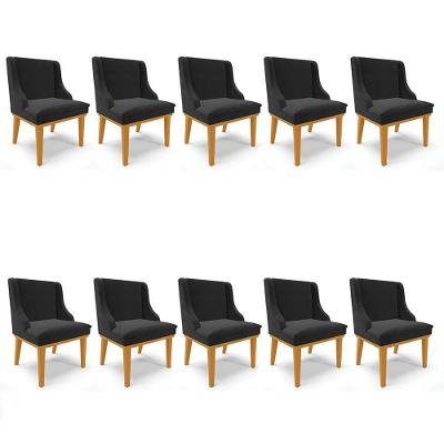 Kit 10 Cadeiras Estofadas Para Sala De Jantar Base Fixa De Madeira Castanho Lia Veludo Preto
