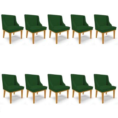 Kit 10 Cadeiras Estofadas Para Sala De Jantar Base Fixa De Madeira Castanho Lia Veludo Verde