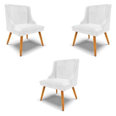 Kit 3 Cadeiras Decorativas Sala De Jantar Pés Palito De Madeira Pu Branco Brilho/natural