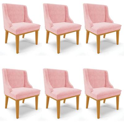 Kit 6 Cadeiras Estofadas Para Sala De Jantar Castanho Lia Suede Rosa Bebê - Ibiza