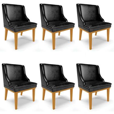 Kit 6 Cadeiras Estofadas Base Fixa De Madeira Castanho Lia Sintético Premium Preto