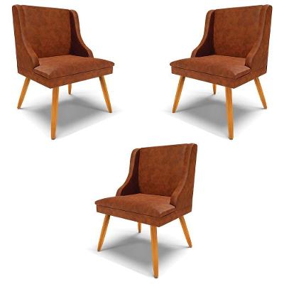 Kit 3 Cadeiras Decorativas Sala De Jantar Pés Palito De Madeira Pu Nozes/natural