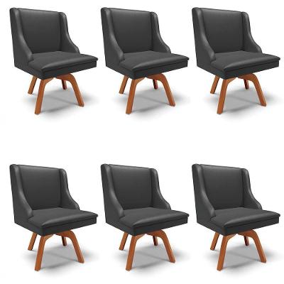 Kit 6 Cadeiras Estofadas Para Sala De Jantar Base Giratória De Madeira Lia Sintético Preto - Ibiza