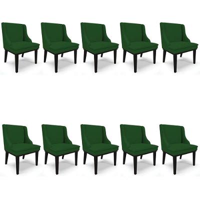 Kit 10 Cadeiras Estofadas Para Sala De Jantar Base Fixa De Madeira Preto Lia Veludo Luxo Verde