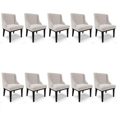 Kit 10 Cadeiras Estofadas Para Sala De Jantar Base Fixa De Madeira Preto Lia Veludo Cinza - Ibiza
