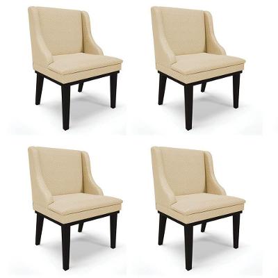 Kit 4 Cadeiras Estofadas Para Sala De Jantar Base Fixa De Madeira Preto Lia Veludo Luxo Off White