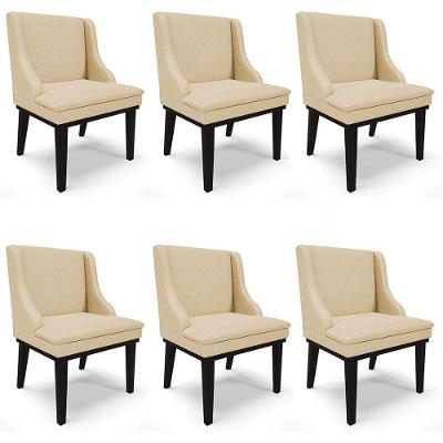 Kit 6 Cadeiras Estofadas Para Sala De Jantar Base Fixa De Madeira Preto Lia Veludo Luxo Off White