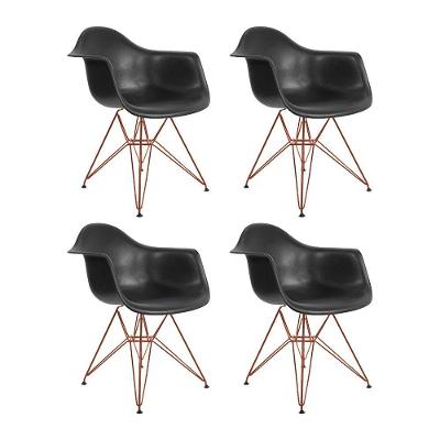 Kit 4 Poltronas Eiffel Eames Pretas Com Braço Daw Em Ferro Cobre - Cor: Preto