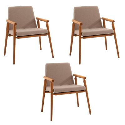 Kit 3 Cadeiras Decorativa Sala De Jantar Sidnei Linho Bege - Gran Belo