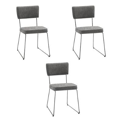 Kit 3 Cadeiras De Jantar Decorativa Base Aço Preto Luigi Linho Cinza