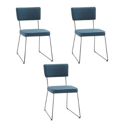 Kit 3 Cadeiras De Jantar Decorativa Base Aço Preto Luigi Linho Azul Jeans