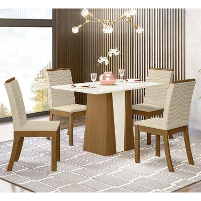 Conjunto Sala De Jantar Tampo Mdf Canto Reto 120 Cm 04 Cadeiras Dulce Henn Nature Com Off White E Linho