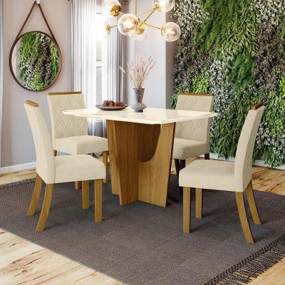 Conjunto Sala De Jantar Tampo Mdf Canto Reto Com Vidro 120 Cm 04 Cadeiras Kateryna Henn Nature Com Off White E Linho