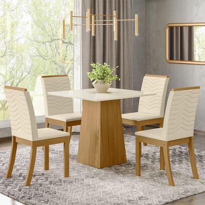 Conjunto Sala De Jantar Tampo Mdf Canto Reto 90 Cm 04 Cadeiras Naiane Henn Nature Com Off White E Linho