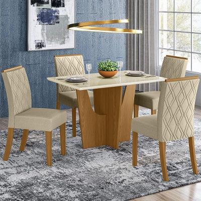 Conjunto Sala De Jantar Tampo Mdf Canto Reto Com Vidro 120 Cm 04 Cadeiras Andressa Henn Nature Com Off White E Linho