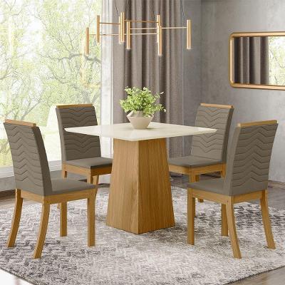 Conjunto Sala De Jantar Tampo Mdf Canto Reto 90 Cm 04 Cadeiras Naiane Henn Nature Com Off White E Bege
