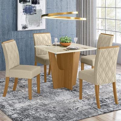 Conjunto Sala De Jantar Tampo Mdf Canto Reto Com Vidro 90 Cm 04 Cadeiras Andressa Henn Nature Com Off White E Linho