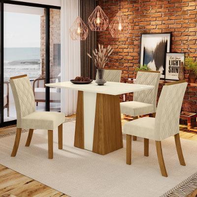 Conjunto Sala De Jantar Tampo Mdf Canto Reto 120 Cm 04 Cadeiras Daryna Henn Nature Com Off White E Linho