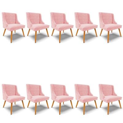 Kit 10 Cadeiras De Jantar Liz Suede Rosa Bebê Pés Palito Castanho