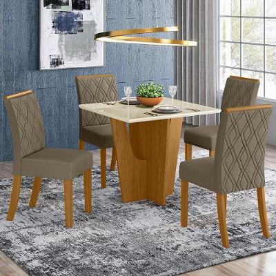 Conjunto Sala De Jantar Tampo Mdf Canto Reto Com Vidro 90 Cm 04 Cadeiras Andressa Henn Nature Com Off White E Bege