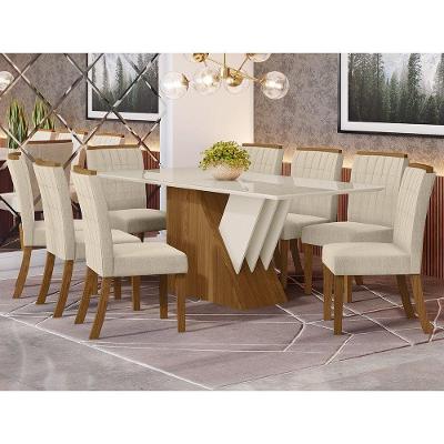 Conjunto Sala De Jantar Tampo Mdf Canto Reto Com Vidro 200 Cm 08 Cadeiras Liane Henn Nature Com Off White E Linho
