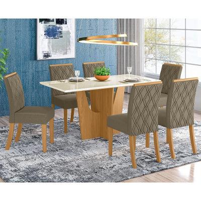 Conjunto Sala De Jantar Tampo Mdf Canto Reto Com Vidro 160 Cm 06 Cadeiras Andressa Henn Nature Com Off White E Bege