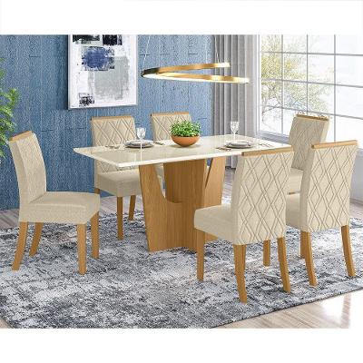 Conjunto Sala De Jantar Tampo Mdf Canto Reto Com Vidro 160 Cm 06 Cadeiras Andressa Henn Nature Com Off White E Linho