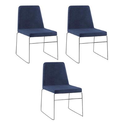 Kit 3 Cadeiras Decorativa Sala De Jantar Anne Linho Azul Marinho - Gran Belo