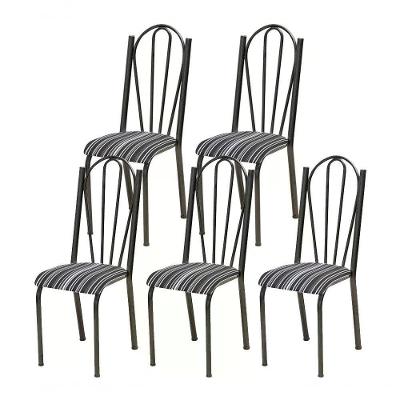 Kit 05 Cadeiras Tubular Cromo Preto 021 Assento Preto Listra