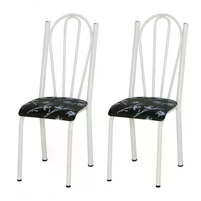 Kit 02 Cadeiras Tubular Branca 021 Assento Preto Florido Pre