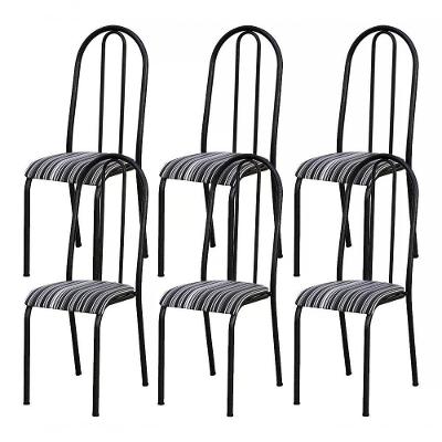 Kit 06 Cadeiras Tubular Cromo Preto 056 Assento Preto Listra