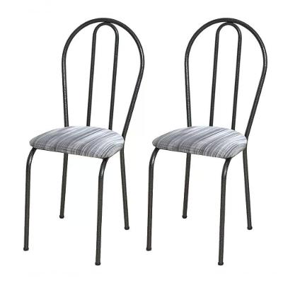 Kit 02 Cadeiras Tubular Cromo Preto 004 Assento Linho Linho