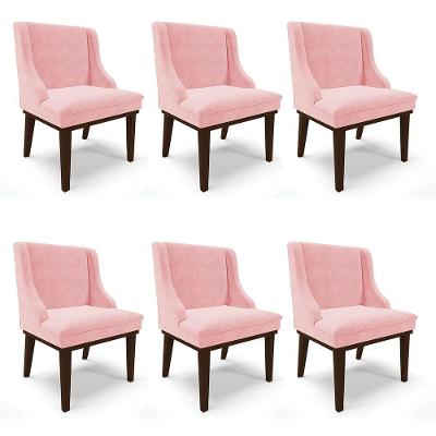 Kit 06 Cadeiras De Jantar Suede Rosa Bebê Base Madeira
