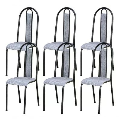 Kit 06 Cadeiras Tubular Cromo Preto 058 Assento Grafiato Gra