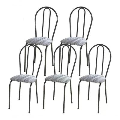 Kit 05 Cadeiras Tubular Cromo Preto 004 Assento Linho Linho