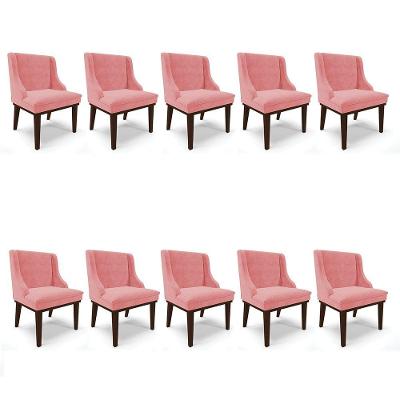 Kit 10 Cadeiras De Jantar Suede Rosê Base Fixa Madeira